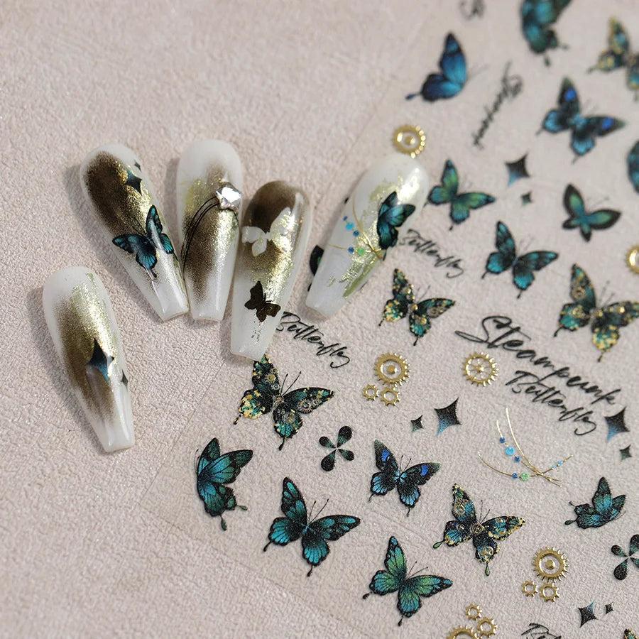 Steam Punk Butterfly Gear Green Star Gold Stamping Self Adhesive Nail Art Decoration Stickers Illusion Polarized Manicure Decals (ONLINE ORDER ONLY)