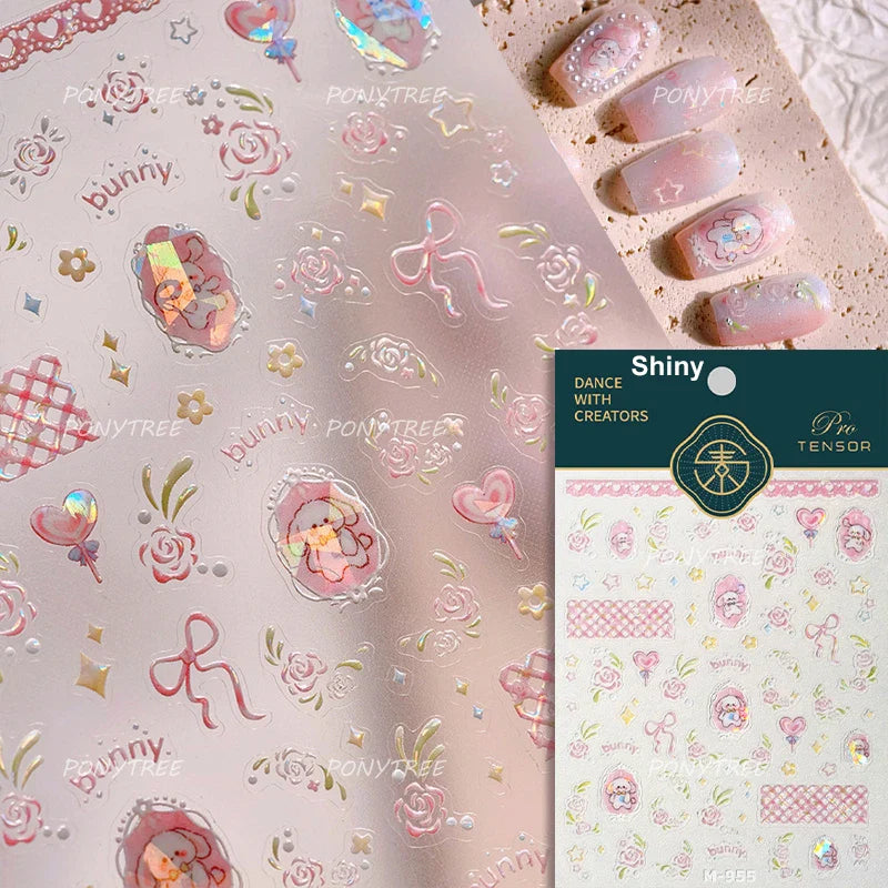 Rabbit Bunny Bear Flower Lace Bowknot Retro Frame Rose Self Adhesive Nail Art Decoration Stickers Chic Manicure Decals Wholesale (ONLINE ORDER ONLY)