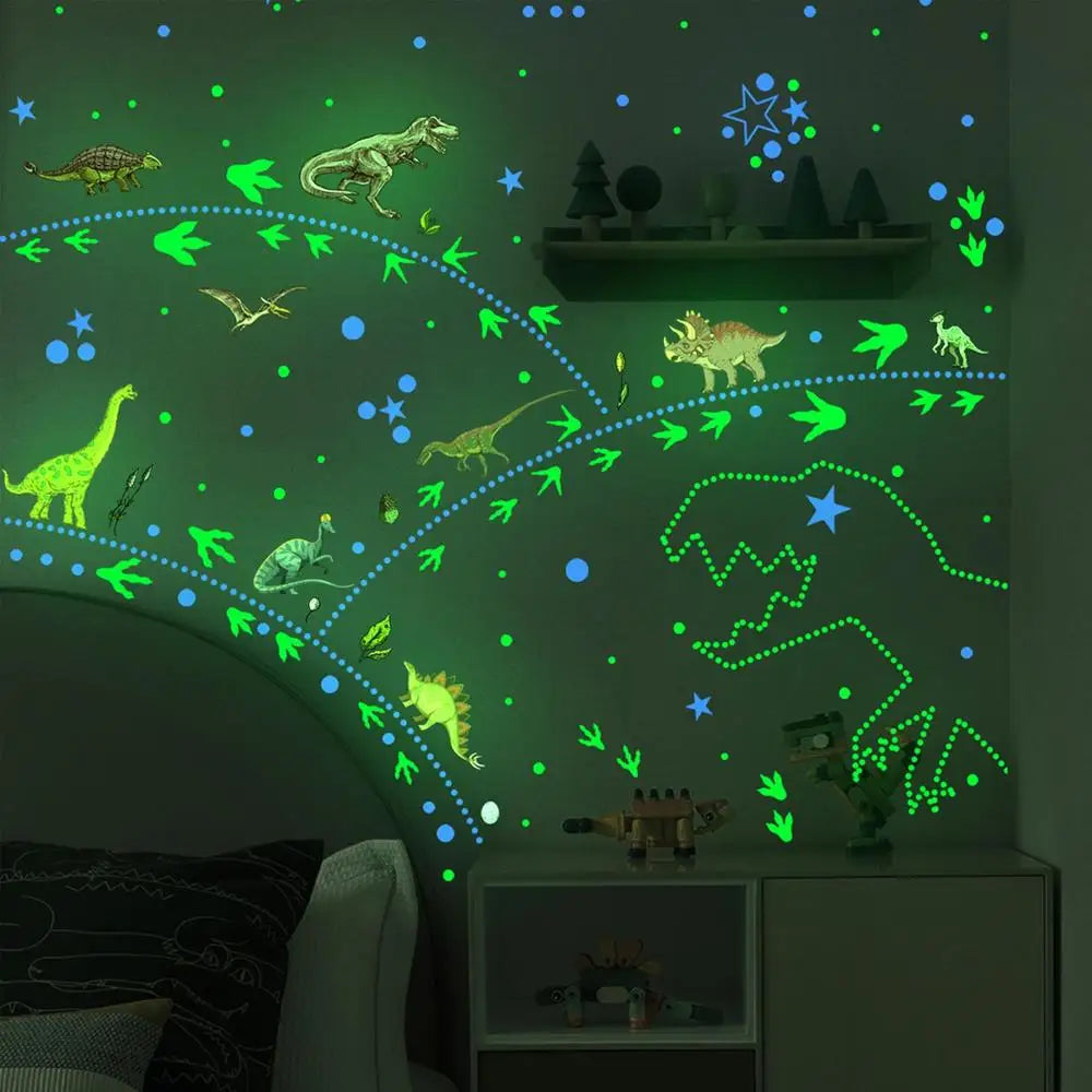 Green Light Luminous Dinosaur Wall Stickers Home Bedroom Kids Room Decoration Animal Fluorescent Decals Glow In The Dark Sticker (Online Order Only)