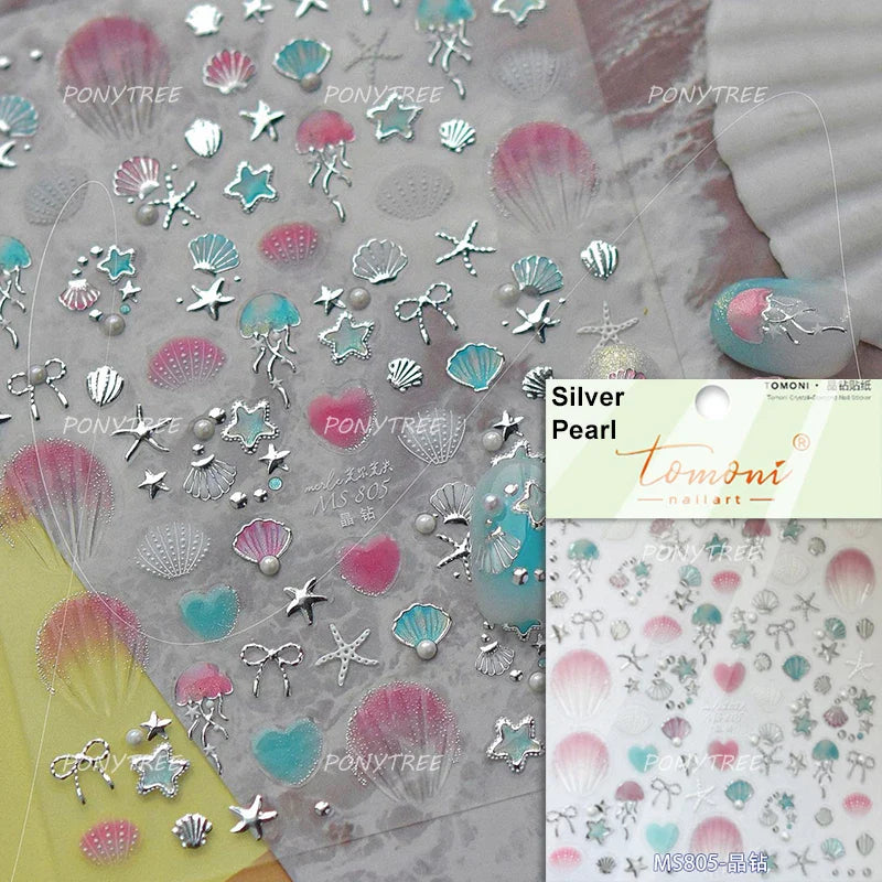 Halo Dyeing Ocean Shell Conch Starfish Pearl Love Heart Bowknot Jellyfish Adhesive Nail Art Stickers Manicure Decals Wholesale (ONLINE ORDER ONLY)