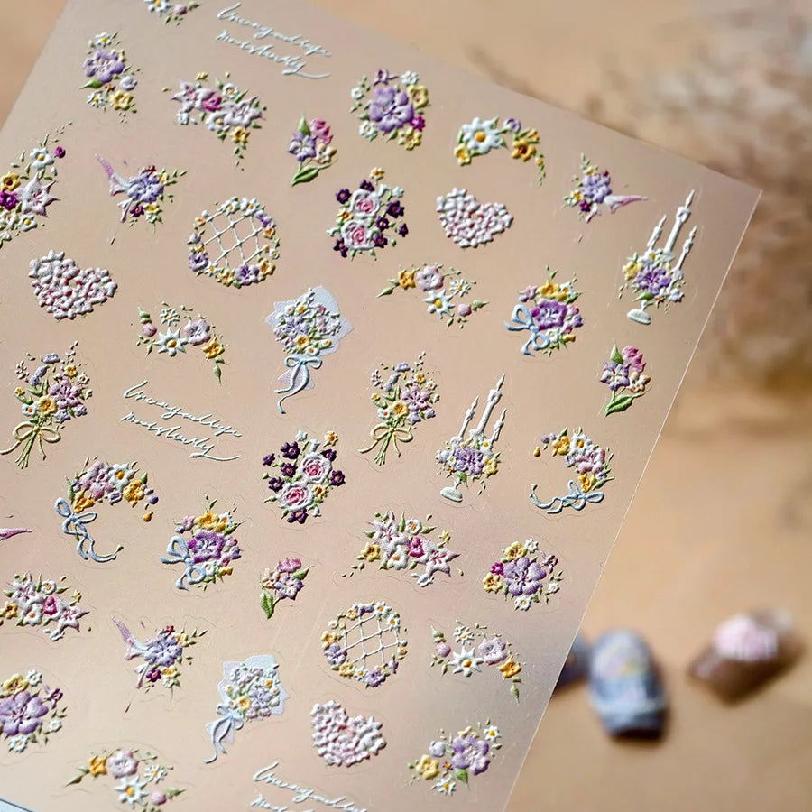 Romantic Flowers Bouquet Butterfly Rose Bowknot Candlestick Wreath Love Heart 5D Self Adhesive Nail Art Stickers Manicure Decals (Online Order Only)