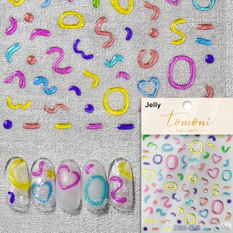Colourful Graffiti Round Dot Line Water Droplet Cute Comma Geometric Jelly 5D Self Adhesive Nail Art Stickers Manicure Decals (Online Order Only)