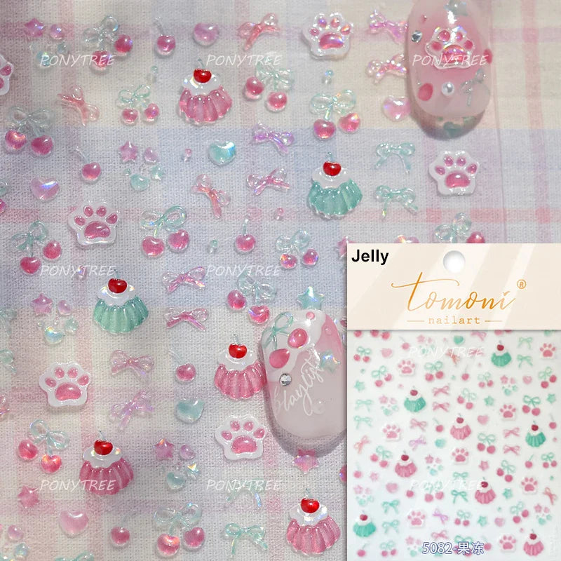 Lovely Green Pink Cherry Pudding Claw Paw Love Heart Bowknot Soft Embossed Reliefs Adhesive Nail Art Stickers Manicure Decals (ONLINE ORDER ONLY)