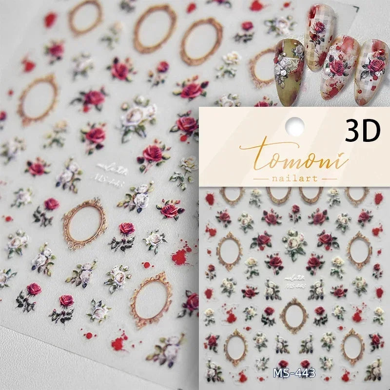 Retro Rose Gold Silver Totem Picture Photo Frame Flower 5D Self Adhesive Nail Art Stickers 5D Shiny Rhinestone Manicure Decals (ONLINE ORDER ONLY)