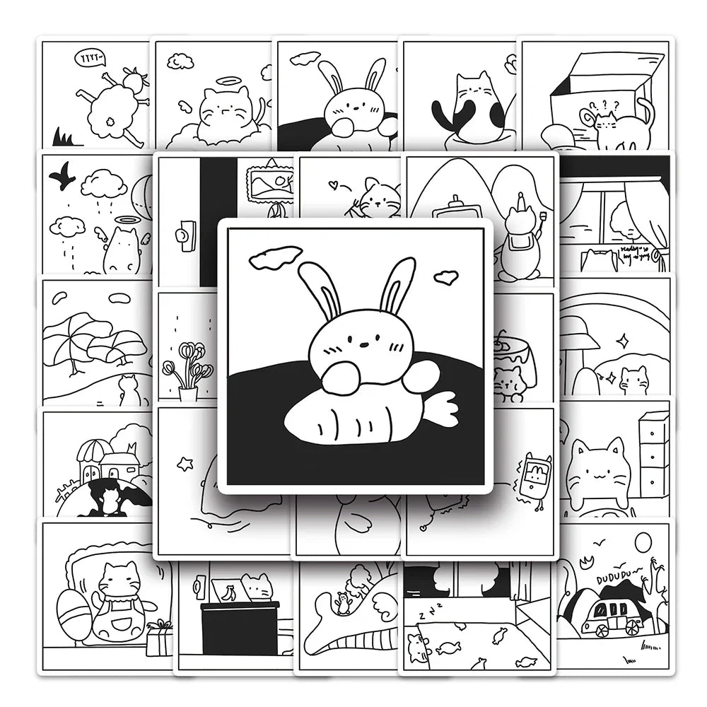 10/30/50PCS Simple Animals Cat Stickers Black White Cartoon Decals DIY Laptop Scrapbook Phone Suitcase Cute Kids Sticker Toys (ONLINE ORDER ONLY)