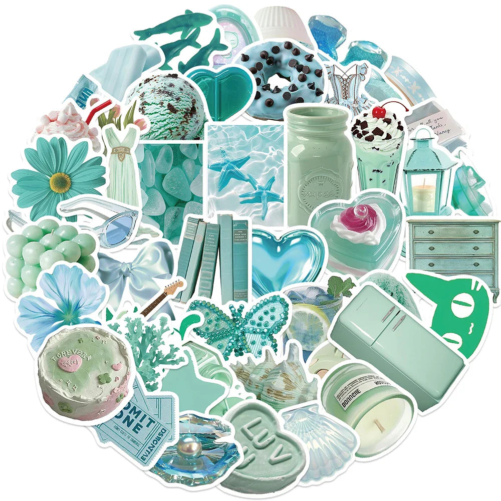 10/30/50PCS Cute Mint Green Stickers Ins Style Simple Aesthetic Decals Notebook Fridge Laptop Phone Bike DIY Decoration Kids Toy (Online Order Only)