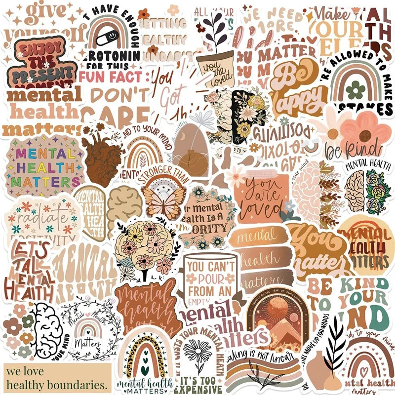 50PCS Boho Mental Health PVC Sticker Aesthetic DIY Children's Decoration Scrapbooking Stationery Hand Accounting Tool Supplies (ONLINE ORDER ONLY)