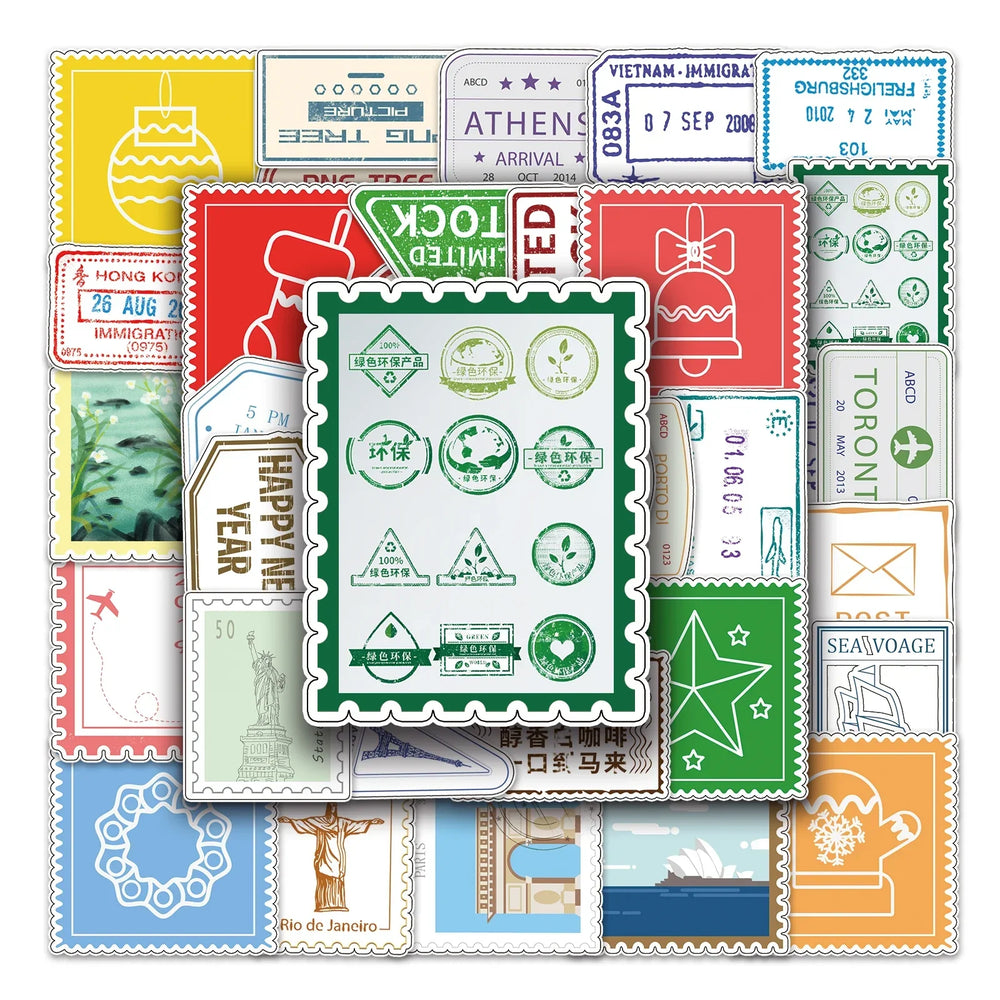 57Pcs Retro Postmark Cartoon Waterproof Vinyl Stickers for Skateboard Snowboard (Online Order Only)