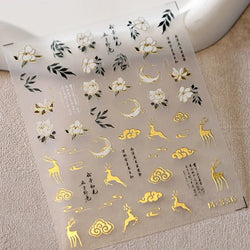 Chinese Style Gold Stamped God Deer Moon Auspicious Clouds Crane Lotus Flower 3D Self-adhesive Nail Art Stickers Manicure Decals (ONLINE ORDER ONLY)
