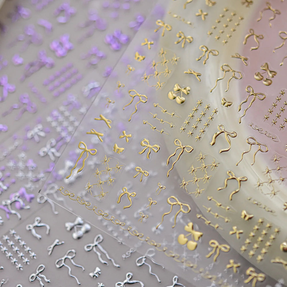 Purple Gold Silver Bowknot Cherry Fruit Cute Ribbon Tie Line Delicate 3D Adhesive Nail Art Stickers Manicure Decals Wholesale (Online Order Only)