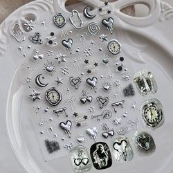 Silver Star Moon Clock Watch Cherry Love Heart Bowknot Gird Irregular Lines Dot Liquid Lava Nail Art Stickers Manicure Decals (ONLINE ORDER ONLY)