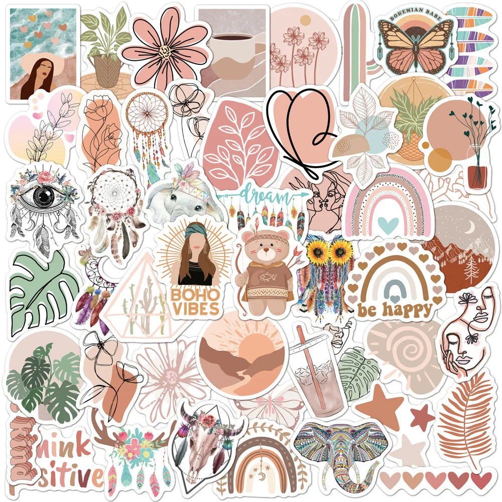 10/30/50pcs Cute Bohemian Art Style Graffiti Stickers Boho Aesthetic Sticker Decoration Phone Case Water Bottle Notebook Decals (Online Order Only)