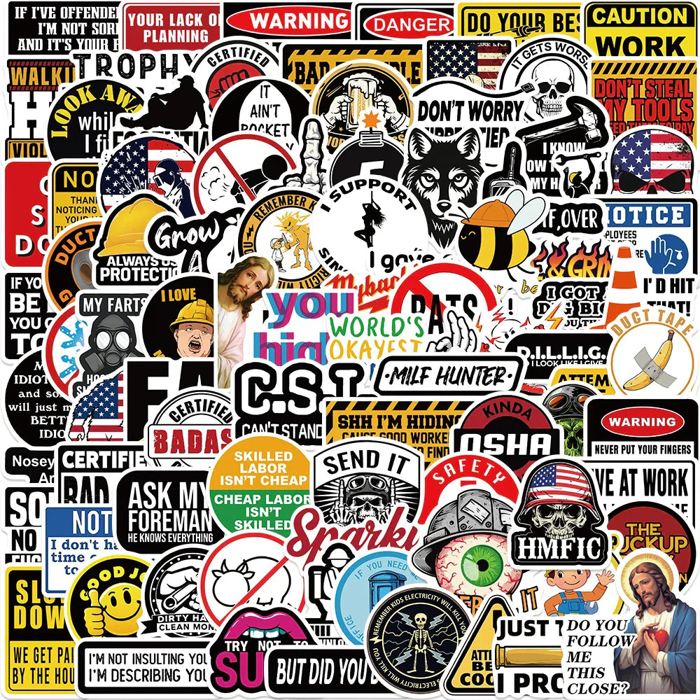 50PCS Funny Hard Hat Stickers Waterproof Helmet Motorcycle Car Toolbox Laptop Bicycle Decals (ONLINE ORDER ONLY)