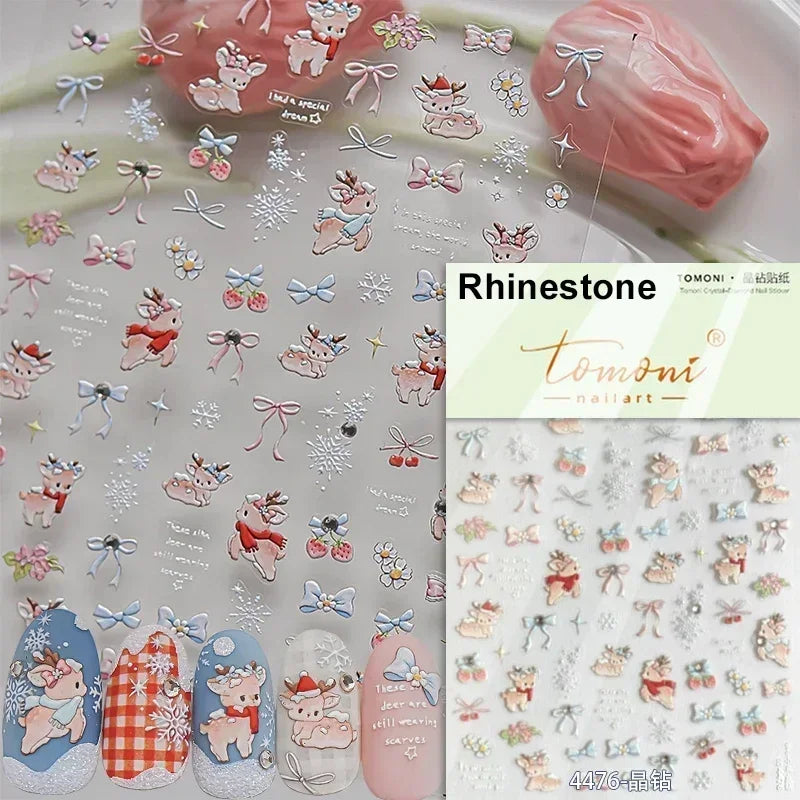 Black White Christmas Tree Snowflake Bowknot Snowman Socks Star Santa Hat Deer Rhinestone Winter Nail Art Sticker Manicure Decal (Online Order Only)