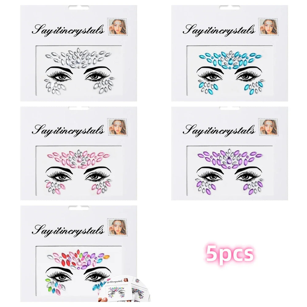 5Pcs Coloful Glitter Face Jewelry Sticker Crystal Eye Body Face Jewels Bady Makeup Tools Temporary Self-Adhesive Nail Rhinestone (ONLINE ORDER ONLY)