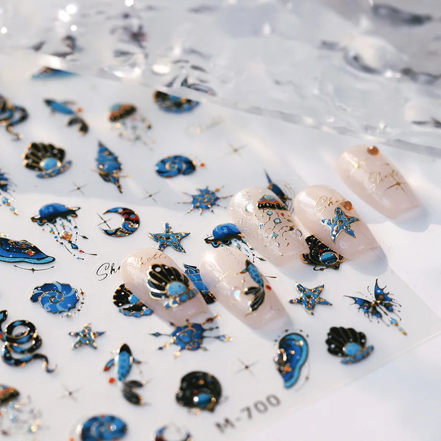 Blue Butterfly Planet Star Conch Snake Shell Clam Pearl Whale Jellyfish Moon Adhesive Nail Art Stickers Dreamy Manicure Decals (Online Order Only)