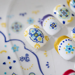 Pink Blue Yellow Embroidery Totems Geometric Floral Pattern Flower 5D Embossed Nail Art Stickers Bohemian Style Manicure Decals (ONLINE ORDER ONLY)