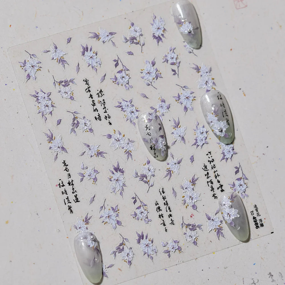 Trumpet Creeper White Flower Purple Leaves Antique Special Characters 5D Soft Relief Adhesive Nail Art Stickers Manicure Decals (ONLINE ORDER ONLY)