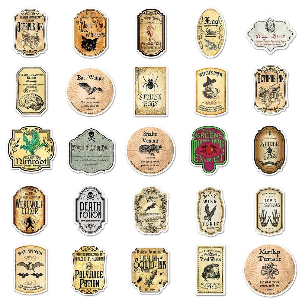 10/30/50pcs Cool Halloween Retro Horror Potion Label Stickers Decal Guitar Motorcycle Laptop Skateboard Phone Waterproof Sticker (ONLINE ORDER ONLY)