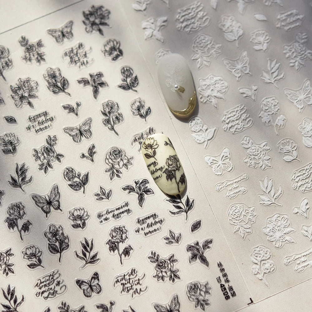 Flower Bowknot Butterfly Plant Leaf English Letter Rose Hand Drawn Embossed Relief Self Adhesive Nail Art Sticker Manicure Decal (ONLINE ORDER ONLY)
