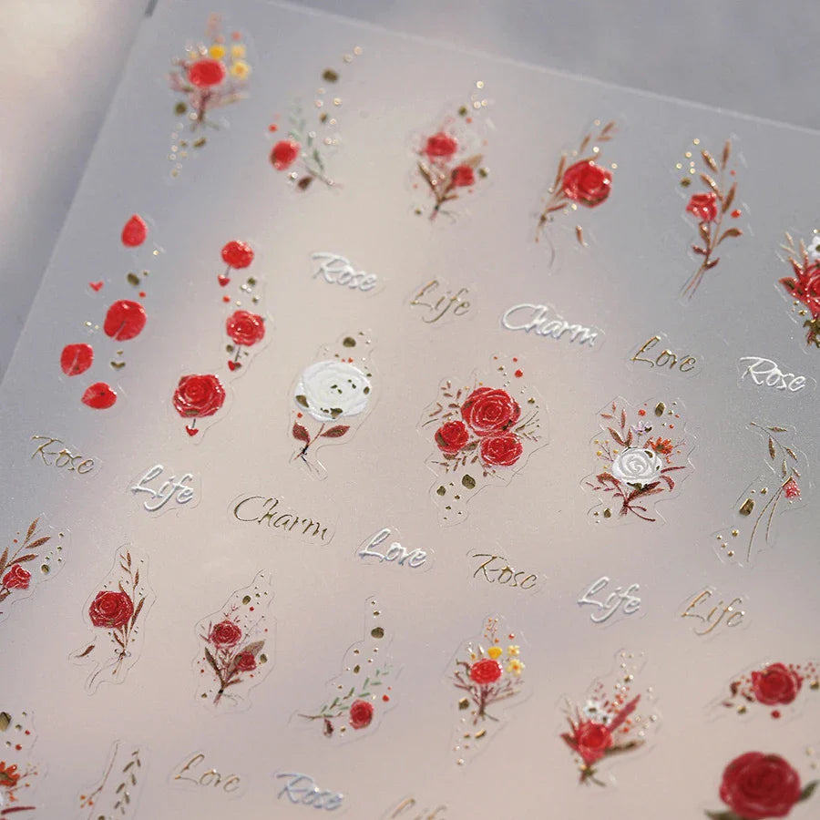 Chic Romantic Red White Flower Hot Stamping 5D Self Adhesive Nail Art Stickers Shiny Dreamy Camellia Rhinestone Manicure Decals (ONLINE ORDER ONLY)