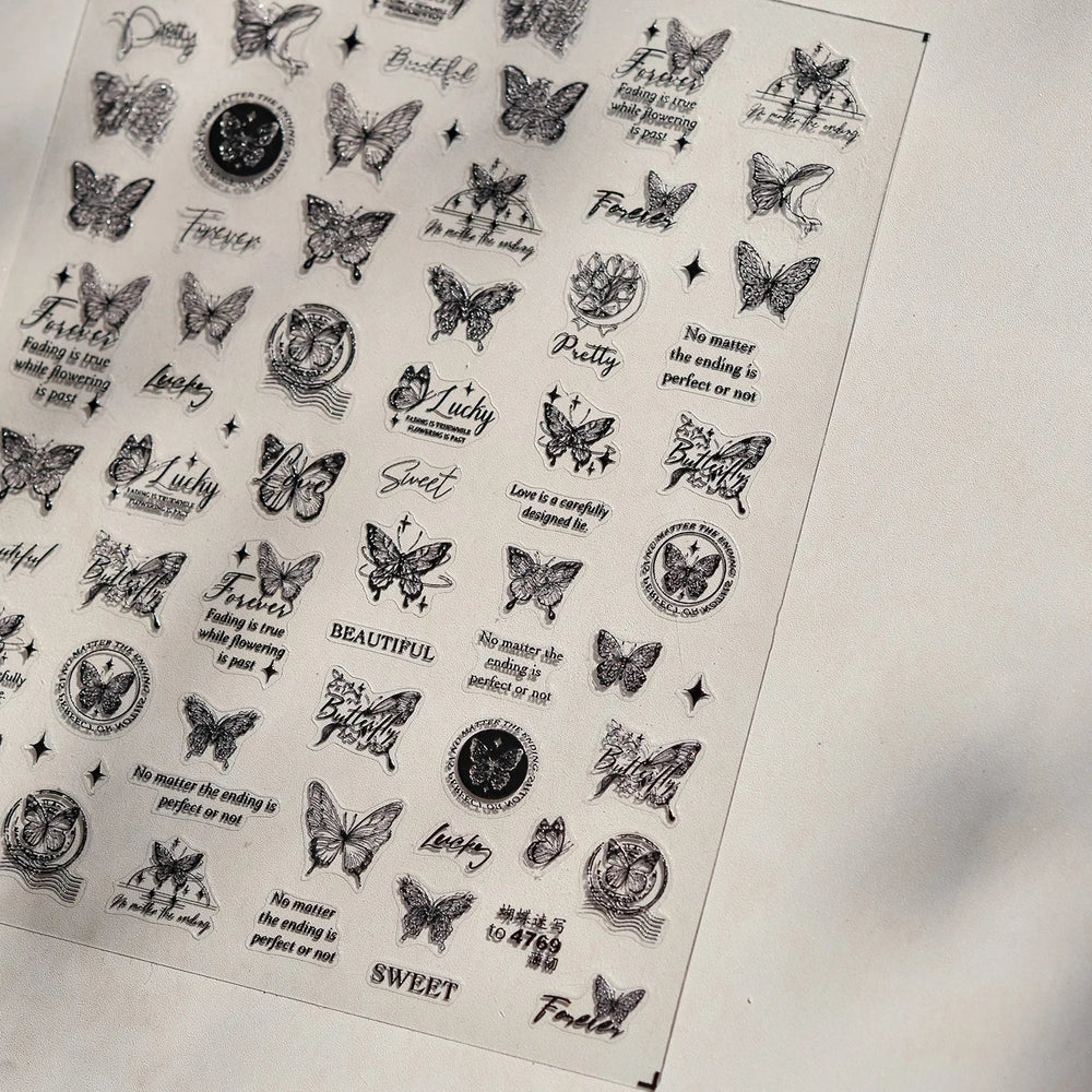 Flower Bowknot Butterfly Plant Leaf English Letter Rose Hand Drawn Embossed Relief Self Adhesive Nail Art Sticker Manicure Decal (ONLINE ORDER ONLY)