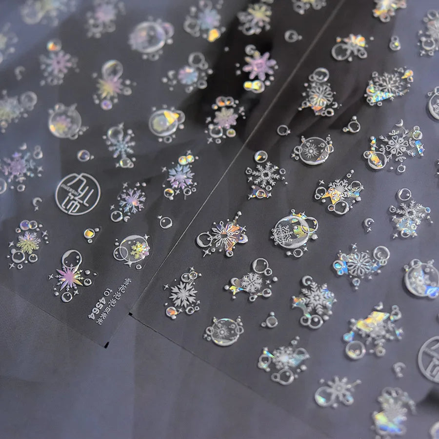 Shiny White Pink Blue Gold Snowflakes Hexagon Water Bubbles Winter 5D Self Adhesive Nail Art Stickers Rhinestone Manicure Decals (ONLINE ORDER ONLY)