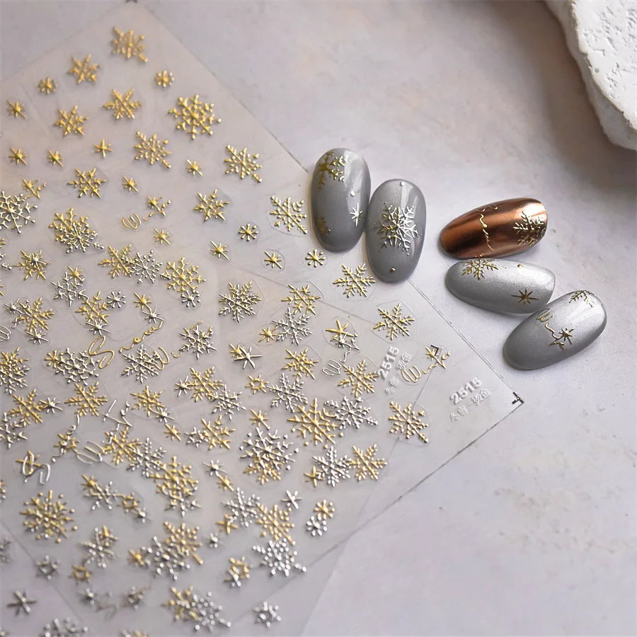 Hot Stamping Romantic White Gold Snowflakes Hexagon Winter 3D Self Adhesive Nail Art Stickers Shiny Rhinestone Manicure Decals (Online Order Only)