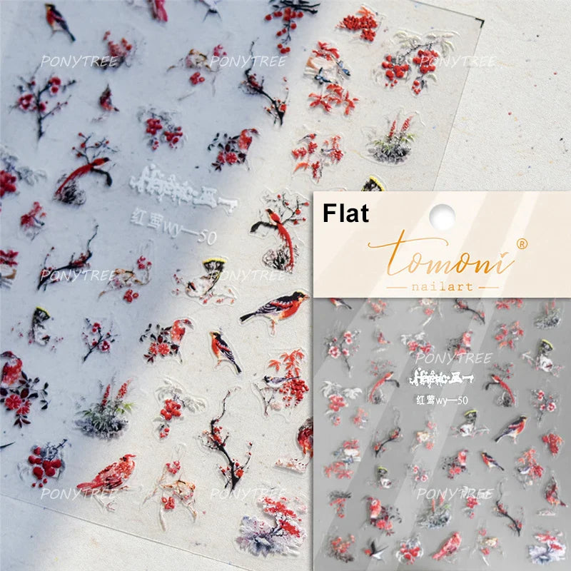 Vigorous Pink Orchid Cymbidium Antique Fragrant Thoroughwort Grass Butterfly Adhesive Nail Art Sticker Plant 3D Manicure Decals (ONLINE ORDER ONLY)