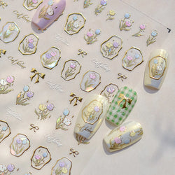 Golden Border Tulip Bloom Flower Bowknot Geometric Frame Metal Workmanship Charming Adhesive Nail Art Sticker Manicure Decals (ONLINE ORDER ONLY)