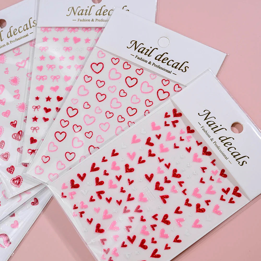 1Pc Red Pink White Heart Bow Nail Art Stickers with Glitter Sequins 5D Self Adhesive Nail Decorations Slider Decals DIY Manicure (ONLINE ORDER ONLY)