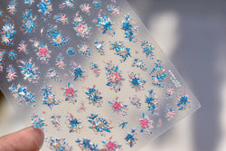 Delicate Shiny Pink Flower Blue Hairpin with Flower Decoration Self Adhesive Nail Art Stickers Pearl Rhinestone Manicure Decals (Online Order Only)
