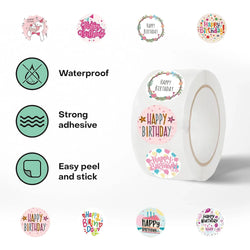 500pcs Round Labels Happy Birthday Sticker Candy Bag Flower Cake Boxes Gift Packaging Wedding Grateful Decorative Seal Stickers (ONLINE ORDER ONLY)