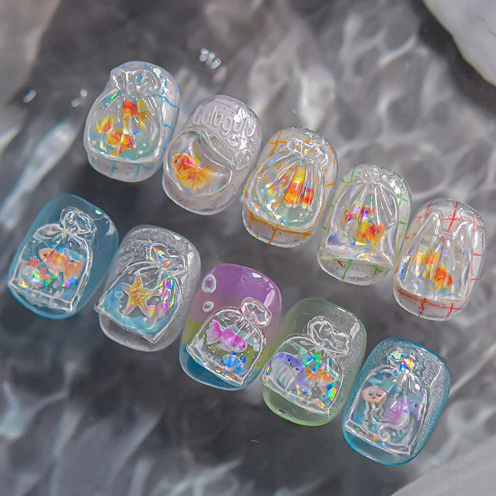 Bagful Brocaded Carp Goldfish Jellyfish Water Bubbles Seahorse Ocean Starfish Whale Adhesive Nail Art Stickers Manicure Decals (ONLINE ORDER ONLY)