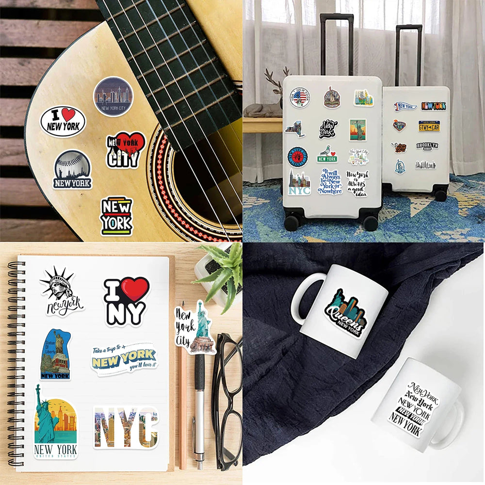 50Pcs New York Stickers America Kawaii Cartoon Decal For Skateboard Bicycle Guitar Laptop Kids Waterproof Stiker Toys (ONLINE ORDER ONLY)