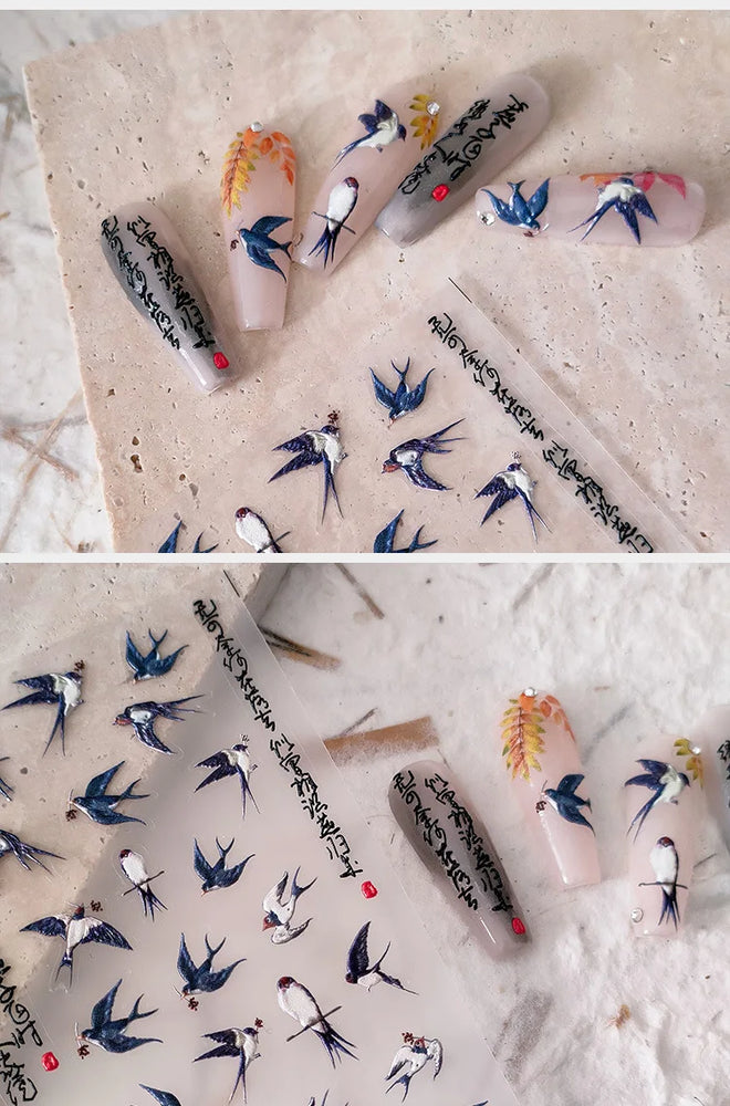 Swallow Bird Insect Animal Phoenix Peacock Dove 3D Self Adhesive Nail Art Stickers Chinese Ancient Poetry Manicure 5D DIY Decals (ONLINE ORDER ONLY)