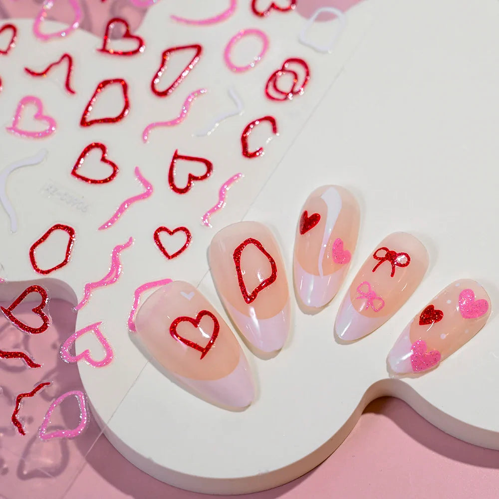 1Pc Red Pink White Heart Bow Nail Art Stickers with Glitter Sequins 5D Self Adhesive Nail Decorations Slider Decals DIY Manicure (ONLINE ORDER ONLY)