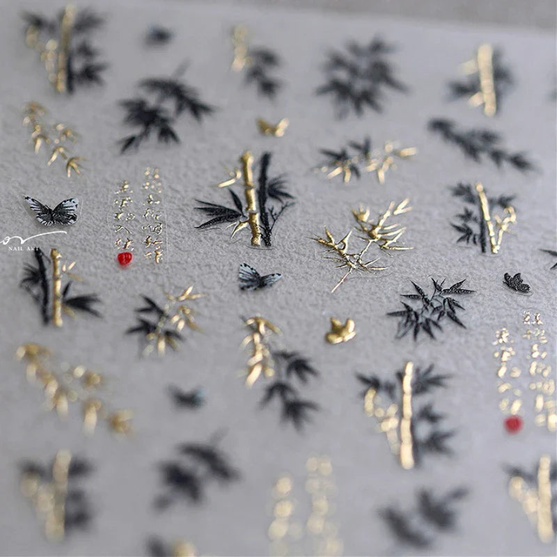 Antique Bamboo Leaf Hot Stamping Plant Botany Calligraphy Characters Self Adhesive Nail Art Stickers Rhinestone Manicure Decals (ONLINE ORDER ONLY)
