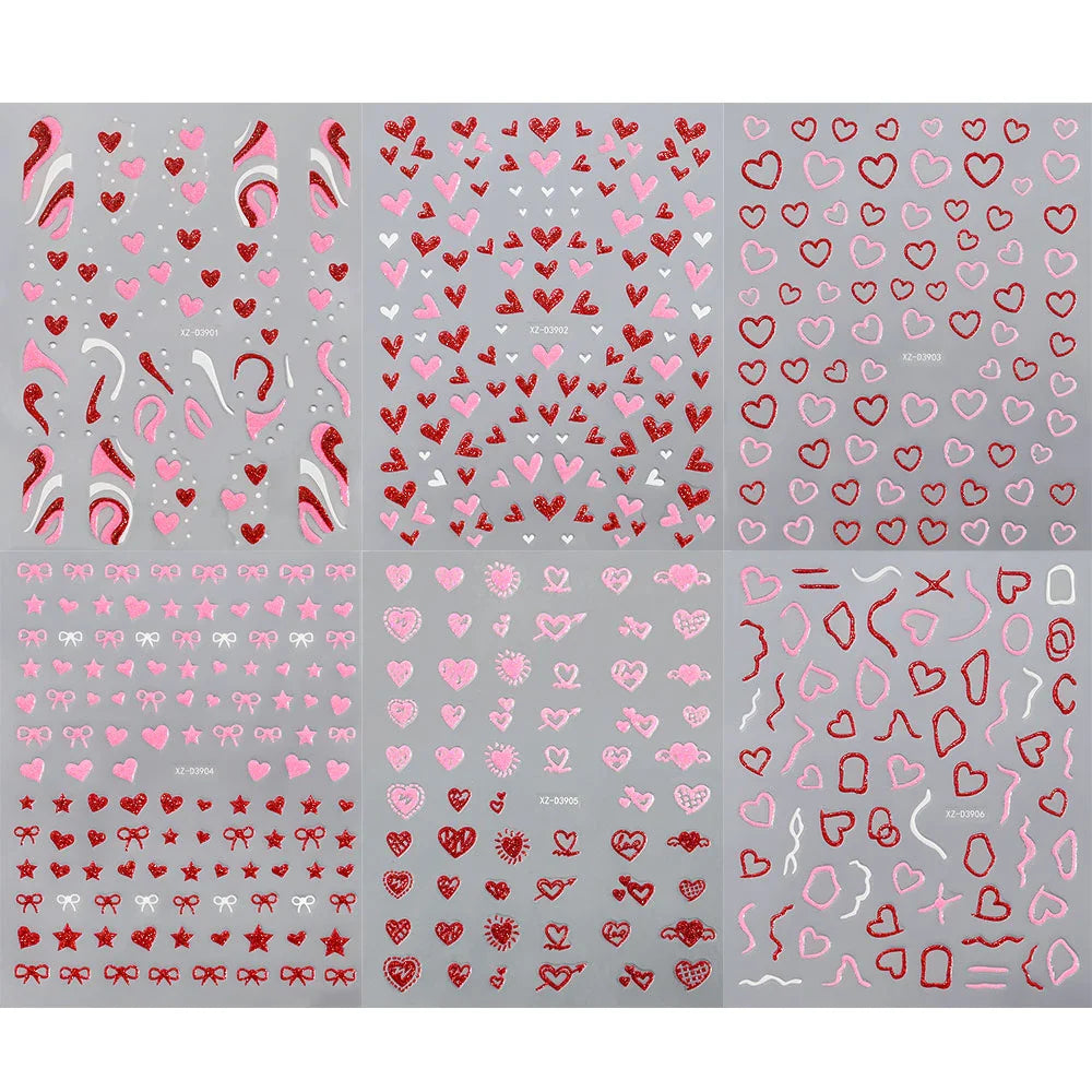 1Pc Red Pink White Heart Bow Nail Art Stickers with Glitter Sequins 5D Self Adhesive Nail Decorations Slider Decals DIY Manicure (ONLINE ORDER ONLY)