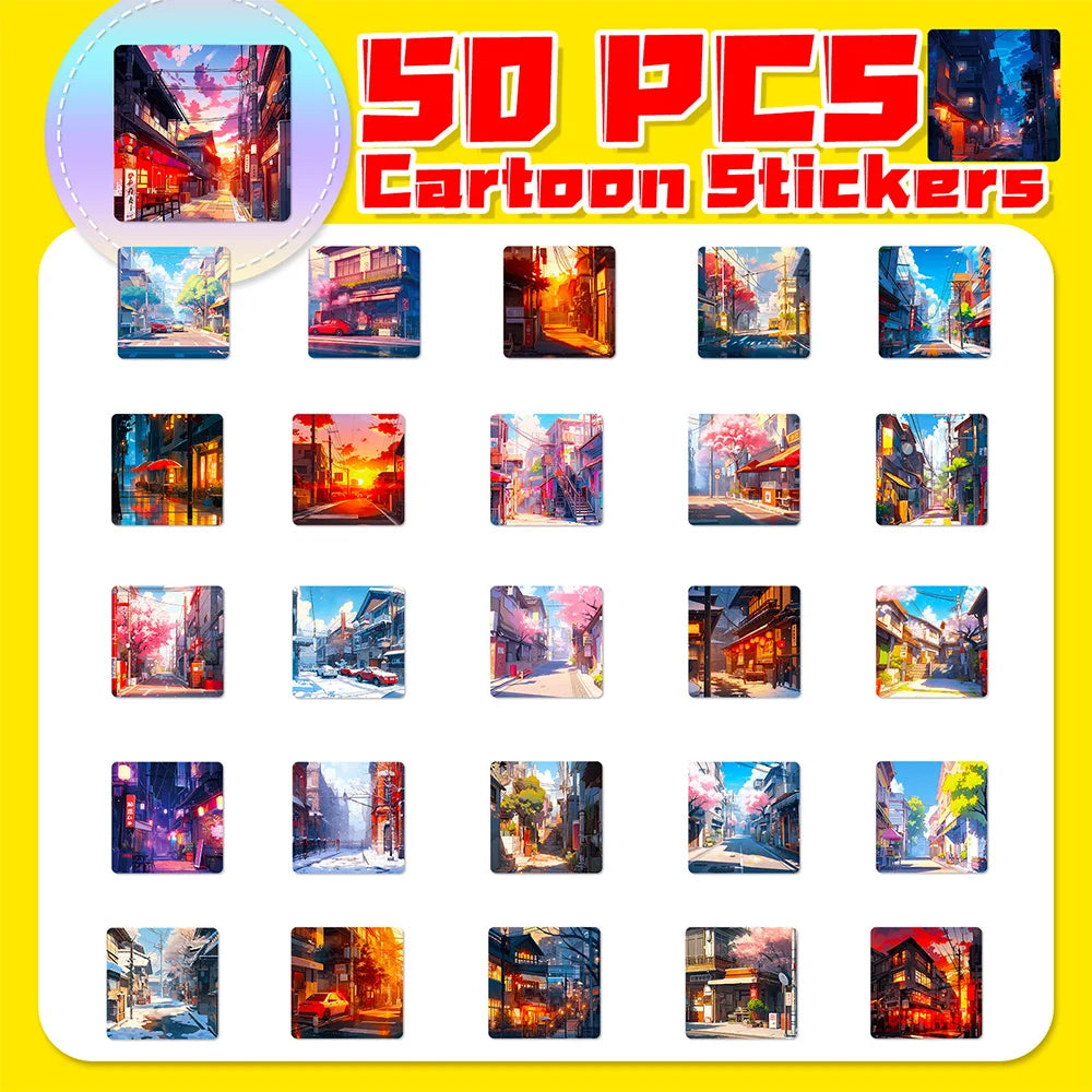 10/30/50pcs INS Kawaii Street Landscape Anime Stickers Aesthetic Scrapbook Laptop Fridge Phone Suitcase Decoration Sticker Toys (ONLINE ORDER ONLY)