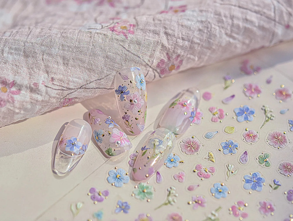 Colourful Dried Flower Petal Texture Peach Blossom Orchid Fragrant Bouquet 5D 3D Self Adhesive Nail Art Stickers Manicure Decals (ONLINE ORDER ONLY)