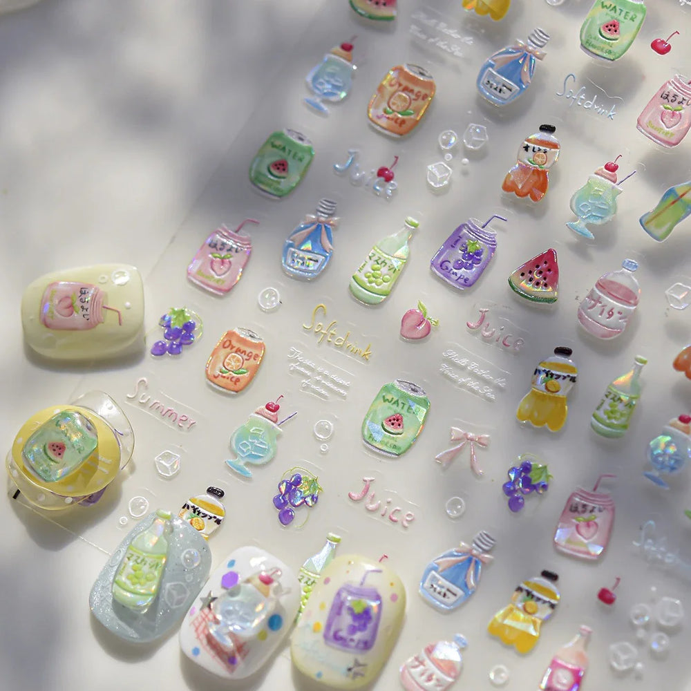 Soda Fruit Beverage Bottle Bear Watermelon Popsicle Dessert Ice Cream Cat Cherry Strawberry Bow Summer Nail Art Stickers Decals (ONLINE ORDER ONLY)