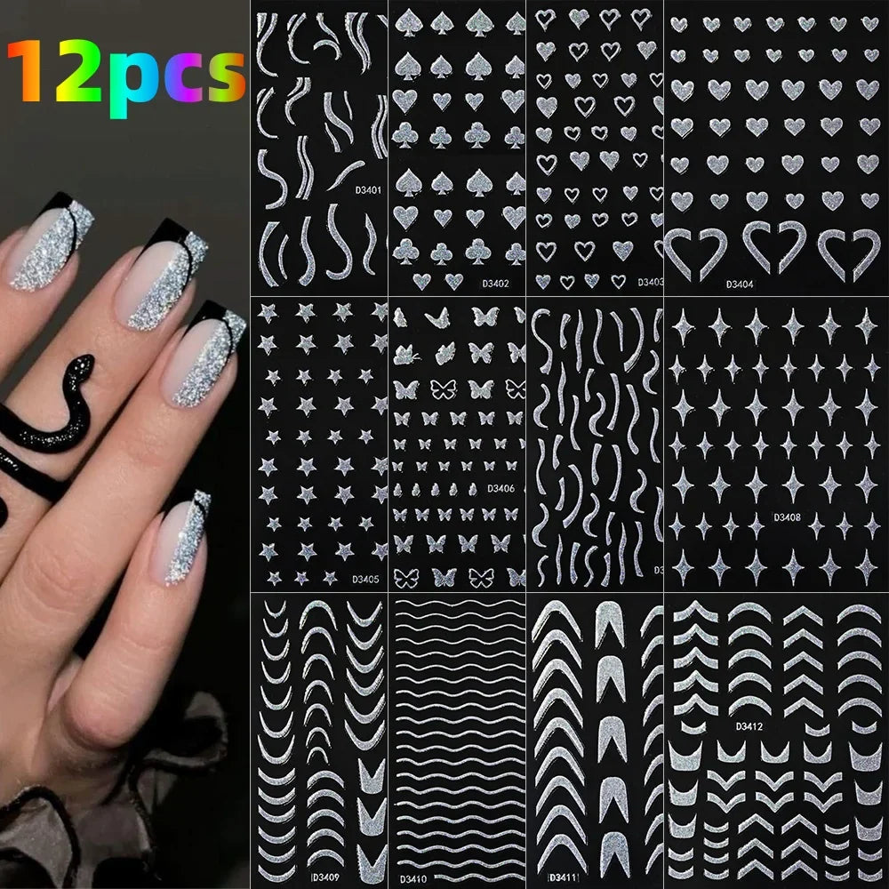 12PCS French Tassel Crescent Moon Arc Self Adhesive Nail Art Sticker 3D French Kiss Crescent Nail Stickers Lines Manicure Decals (ONLINE ORDER ONLY)