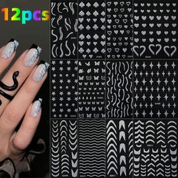 12PCS French Tassel Crescent Moon Arc Self Adhesive Nail Art Sticker 3D French Kiss Crescent Nail Stickers Lines Manicure Decals (ONLINE ORDER ONLY)