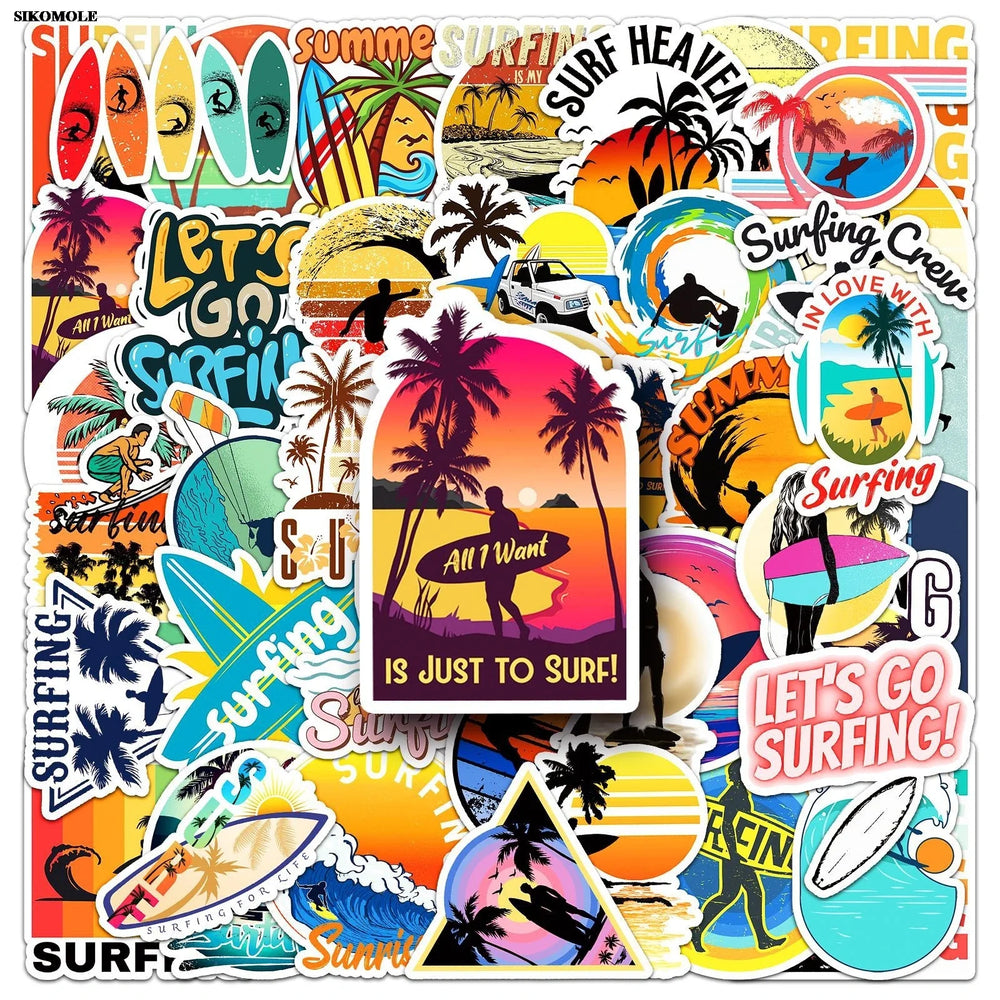Cartoon Surfing Stickers Pack - Beach, Laptop, Skateboard, Kids Gift (Online Order Only)