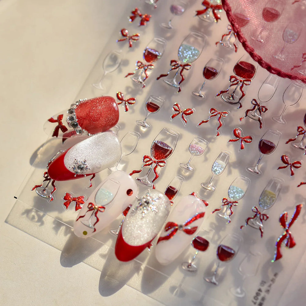 Sexy Red Grape Wine Bowknot Cocktail Goblet Cup Soda Liquid Shiny Sparkling Self Adhesive Nail Art Stickers 3D Manicure Decals (ONLINE ORDER ONLY)
