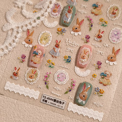 Rabbit Bunny Bear Flower Lace Bowknot Retro Frame Rose Self Adhesive Nail Art Decoration Stickers Chic Manicure Decals Wholesale (ONLINE ORDER ONLY)
