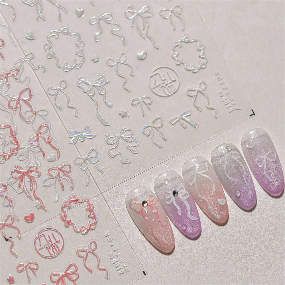 Shiny White Black Pink Bowknot Silk Ribbon Love Heart Charming Star Refined Lace Self Adhesive Nail Art Stickers Manicure Decals (ONLINE ORDER ONLY)