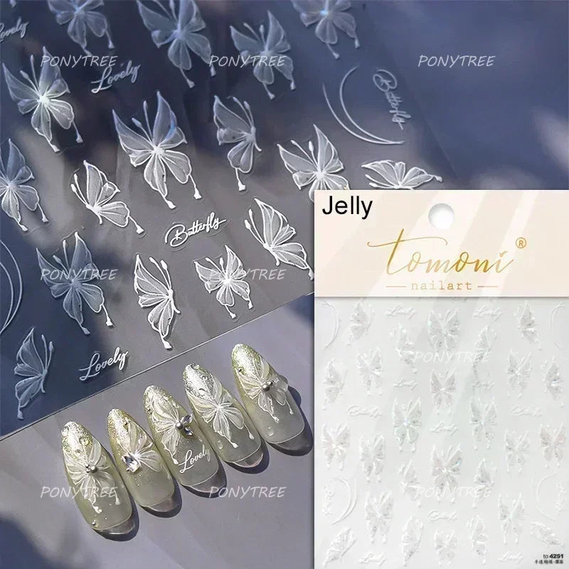 Charming Delicate Sapphire Color Blue Black Stroke Butterfly Jelly Relief Rhinestone Adhesive Nail Art Stickers Manicure Decals (Online Order Only)