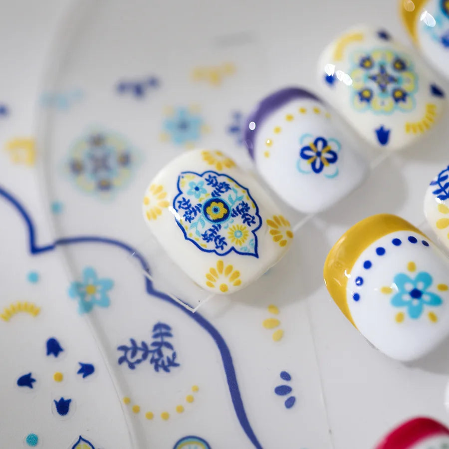 Pink Blue Yellow Embroidery Totems Geometric Floral Pattern Flower 5D Embossed Nail Art Stickers Bohemian Style Manicure Decals (ONLINE ORDER ONLY)